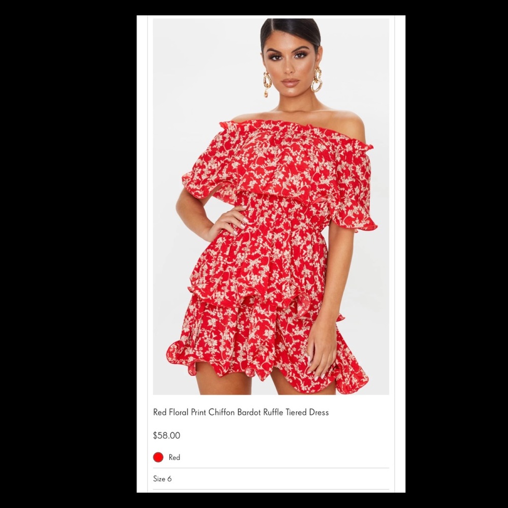PrettyLittleThing Red Floral Print Chiffon Bardot Dress. Size 6.